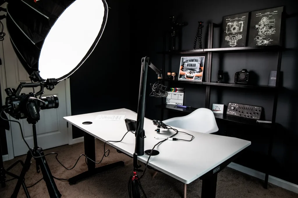 Content creator using free AI tools at a desk setup